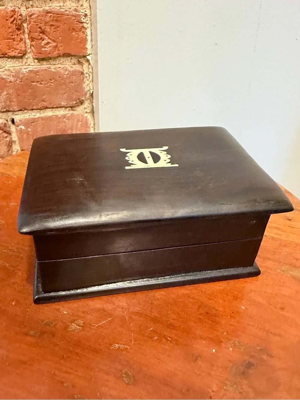 Vintage Wooden Jewelry Box Brass Bone Inlay Red Velvet Interior Trinket Stash